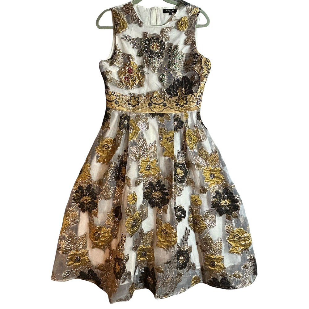 Beulah Style Gold Black Floral Embroidered Sequin Fit Flare Dress Womens Medium
